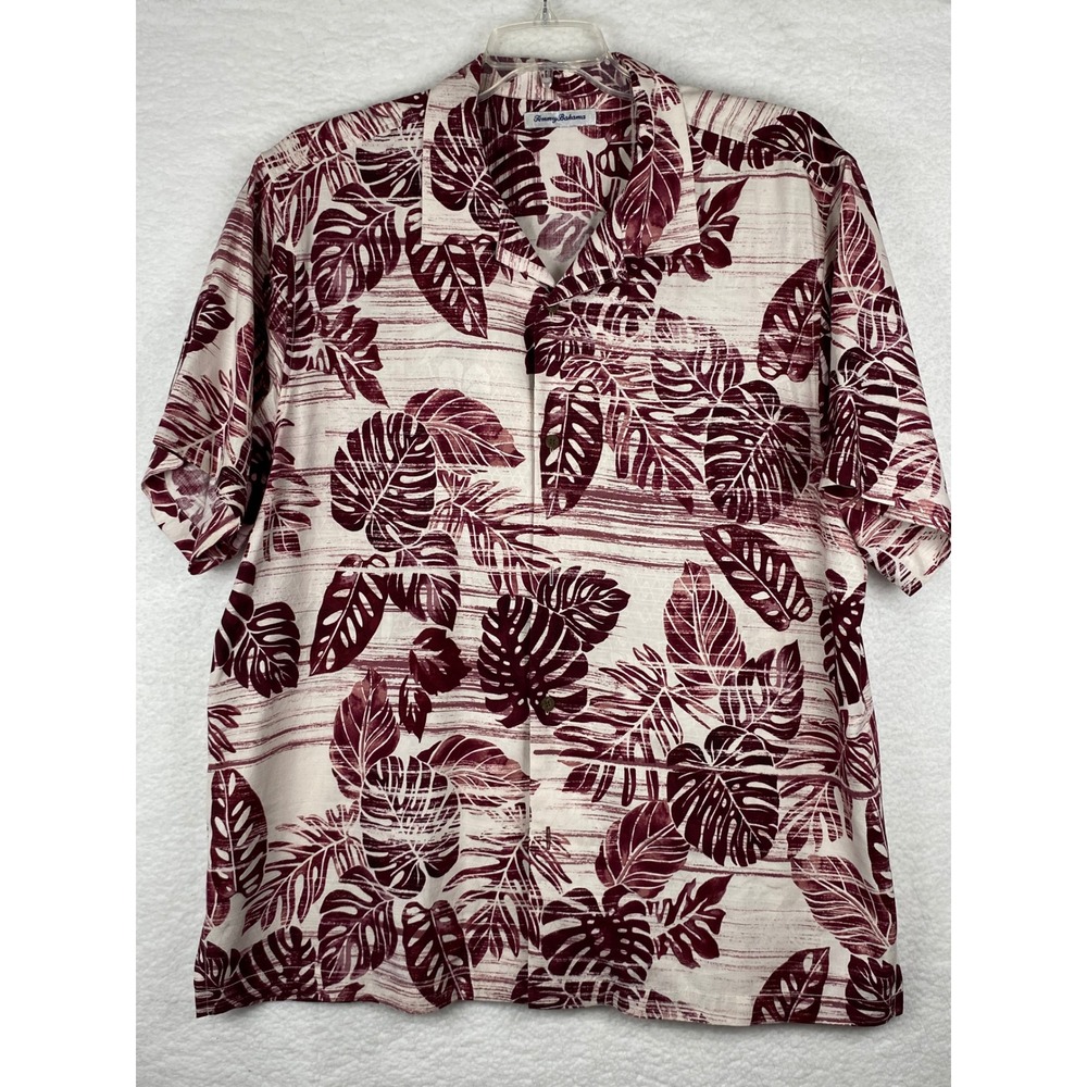 Tommy Bahama Mens XL Silk Tropical Monstera Leaf Print Camp Shirt Burgundy Cream